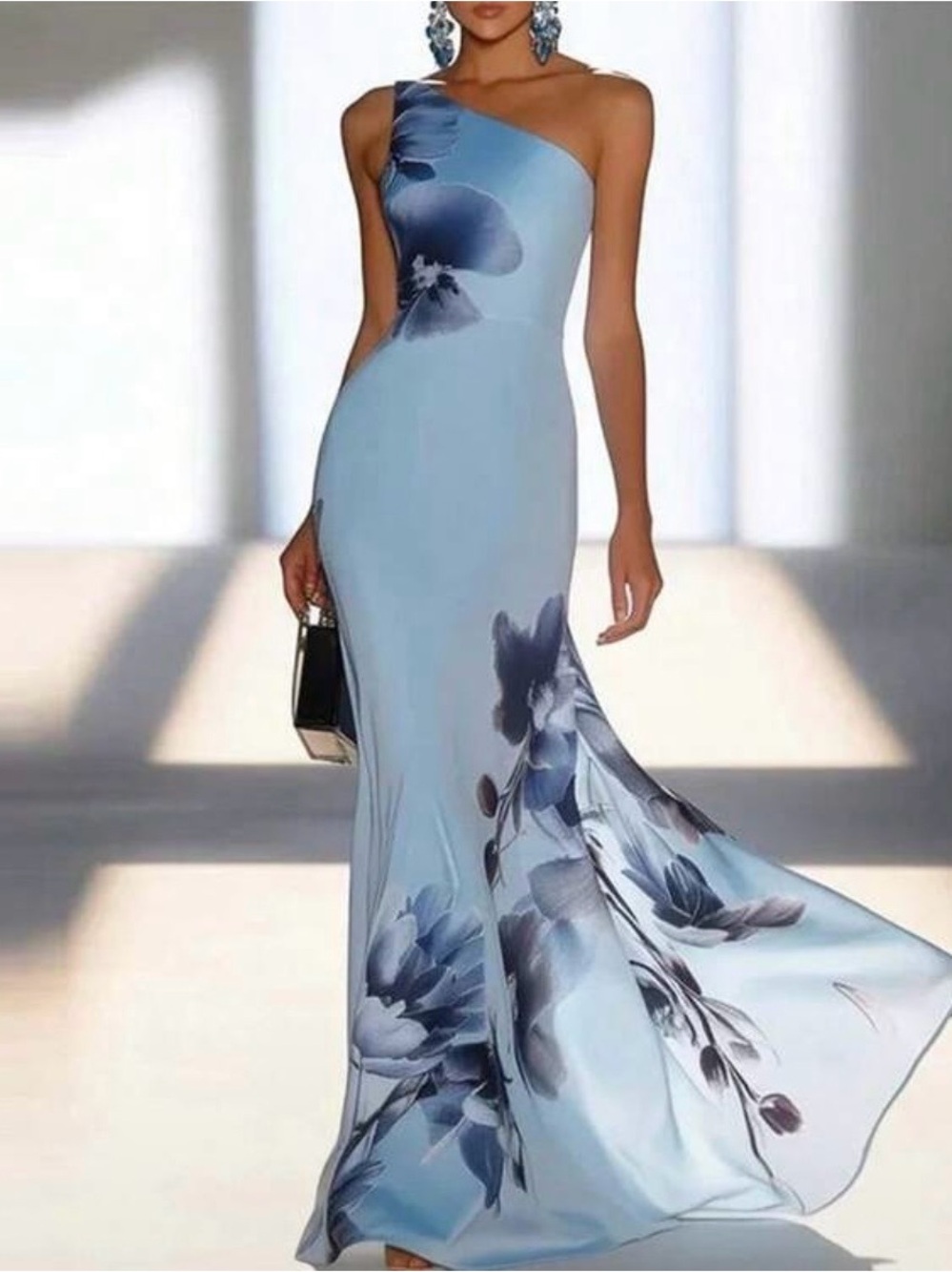 Elegant One-Shoulder Light Blue Floral Evening Gown